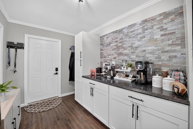 6 Spring Rock Rd, New Windsor, NY 12553 - bar featuring dark wood finished floors, crown molding, and decorative backsplash