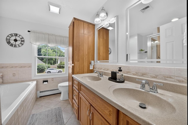 6 Spring Rock Rd, New Windsor, NY 12553 - full bathroom with tile patterned flooring, a baseboard heating unit, a garden tub, double vanity, and a shower with door