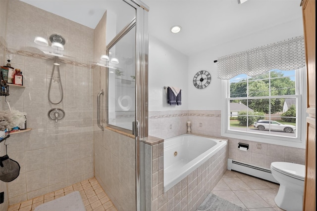 6 Spring Rock Rd, New Windsor, NY 12553 - full bath with a baseboard heating unit, tile patterned floors, a shower stall, a tub with jets, and tile walls