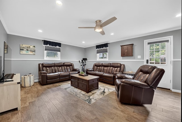 6 Spring Rock Rd, New Windsor, NY 12553 - living room with ceiling fan, ornamental molding, light wood-type flooring, baseboard heating, and recessed lighting