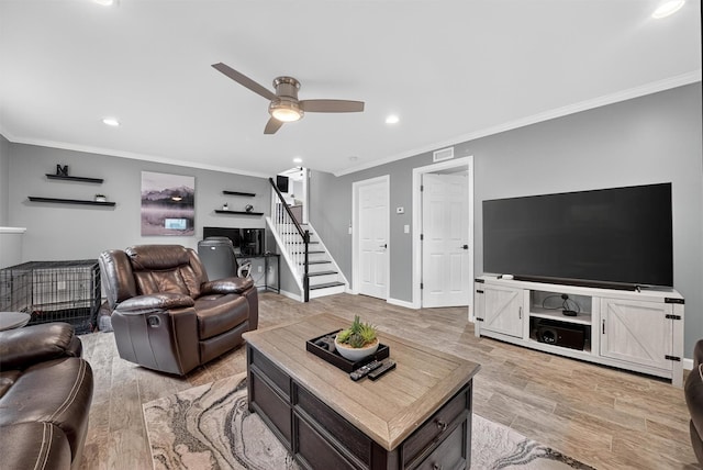 6 Spring Rock Rd, New Windsor, NY 12553 - living room featuring ornamental molding, a ceiling fan, recessed lighting, stairway, and light wood finished floors