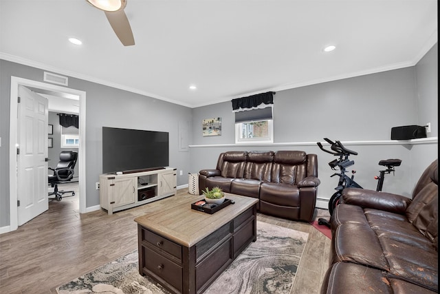 6 Spring Rock Rd, New Windsor, NY 12553 - living area featuring a desk, a ceiling fan, light wood finished floors, recessed lighting, and ornamental molding