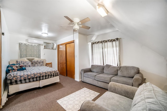 81-56 264th St, Glen Oaks, NY 11004 - carpeted bedroom featuring a wall mounted AC, a closet, a ceiling fan, and lofted ceiling