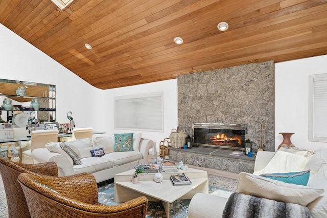 61 Hidden Cove Ct, Southampton, NY 11968 - living area featuring wooden ceiling, a stone fireplace, vaulted ceiling, and recessed lighting
