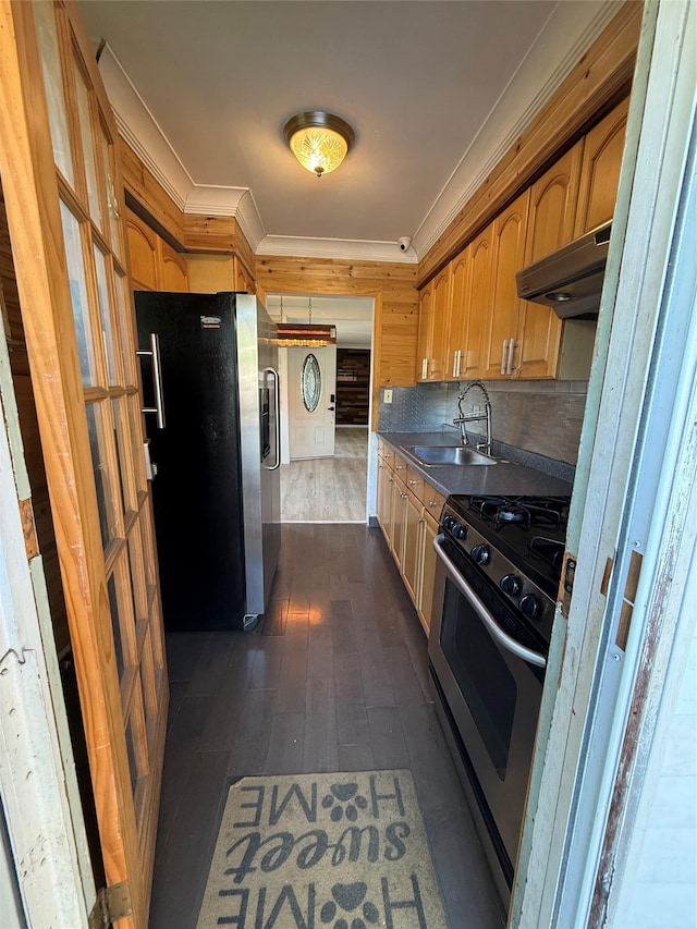 176 Floyd St, Brentwood, NY 11717 - kitchen featuring refrigerator with ice dispenser, gas range, exhaust hood, crown molding, and dark wood finished floors