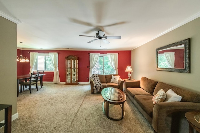 13 Knightsbridge Unit G, Poughkeepsie, NY 12603 - carpeted living room with crown molding, ceiling fan, and a chandelier