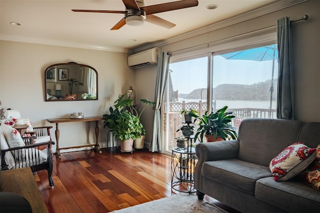 44 Hurlihe Unit 44, Poughkeepsie, NY 12601 - living room featuring an AC wall unit, a ceiling fan, hardwood / wood-style flooring, crown molding, and recessed lighting