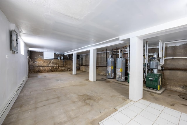 8808 88th St, Woodhaven, NY 11421 - unfinished below grade area featuring water heater, a baseboard heating unit, electric panel, and a heating unit