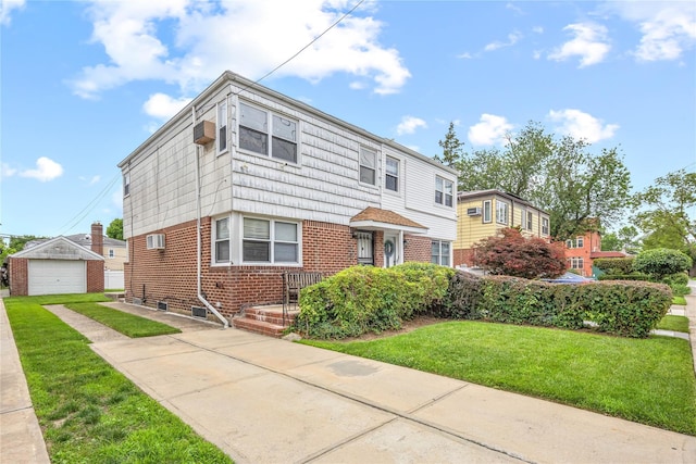 67-10 Bell Blvd, Bayside, NY 11364 - view of front facade featuring concrete driveway, an outbuilding, brick siding, a garage, and a front lawn
