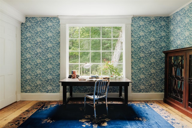 33 Scott Rd, Hudson, NY 12534 - home office featuring wallpapered walls, hardwood / wood-style flooring, and ornamental molding