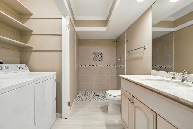 206 Heritage Unit A, Somers, NY 10589 - full bath with washing machine and dryer, tiled shower, vanity, and crown molding
