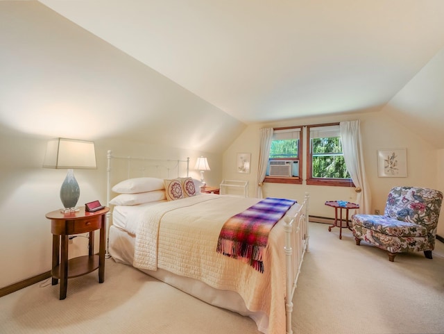75 Hartung Rd, Eldred, NY 12743 - bedroom with light carpet, vaulted ceiling, a baseboard heating unit, and cooling unit