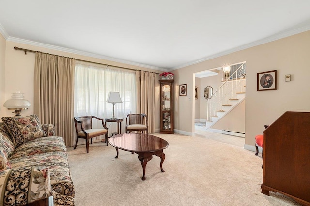 7 Mildred Ct, Nesconset, NY 11767 - living area with baseboard heating, crown molding, stairway, and light colored carpet