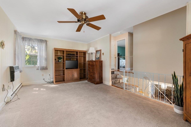7 Mildred Ct, Nesconset, NY 11767 - unfurnished living room featuring ceiling fan, carpet flooring, a wall unit AC, and a baseboard heating unit