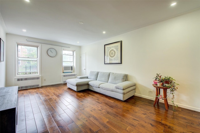 111-39 76th Rd Unit E2, Forest Hills, NY 11375 - living room with radiator, dark wood finished floors, recessed lighting, and cooling unit