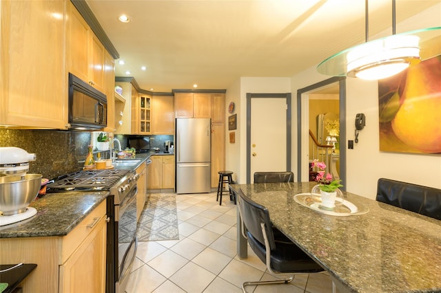 9 Martin Rd, Yonkers, NY 10701 - kitchen featuring stainless steel appliances, backsplash, light tile patterned floors, glass insert cabinets, and hanging light fixtures