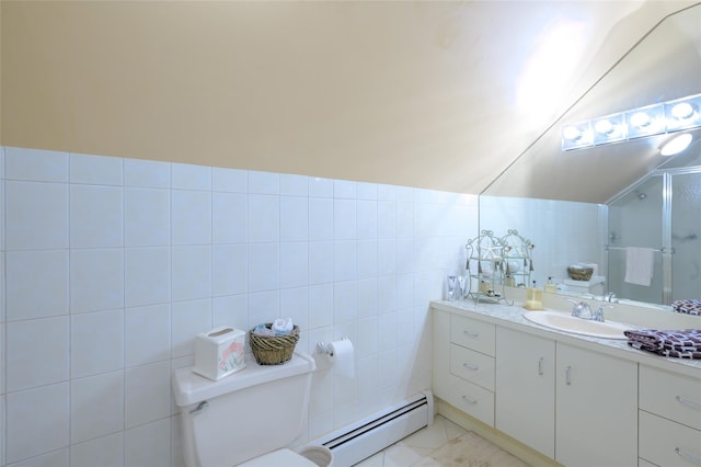 9 Martin Rd, Yonkers, NY 10701 - bathroom with baseboard heating, tile walls, vanity, and a shower stall