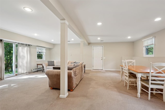 27A Claremont Ln, Suffern, NY 10901 - living area featuring healthy amount of natural light, light carpet, a baseboard radiator, and recessed lighting