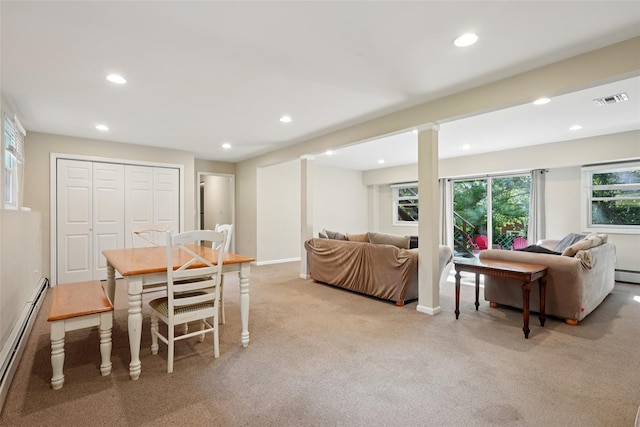 27A Claremont Ln, Suffern, NY 10901 - dining room with a baseboard heating unit, recessed lighting, and light colored carpet
