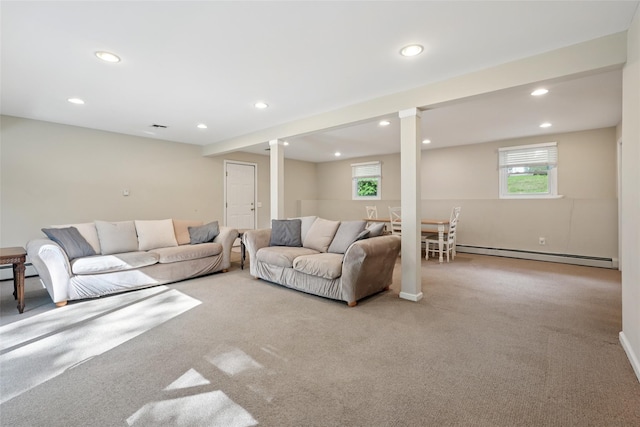 27A Claremont Ln, Suffern, NY 10901 - carpeted living room with a baseboard radiator and recessed lighting