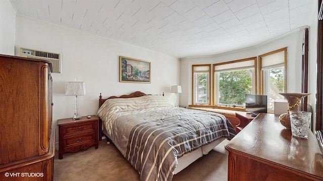 77-52 76th St, Glendale, NY 11385 - bedroom featuring light colored carpet, ornamental molding, and a wall mounted AC