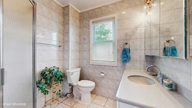 77-52 76th St, Glendale, NY 11385 - full bath with tile walls, vanity, tile patterned flooring, ornamental molding, and an enclosed shower
