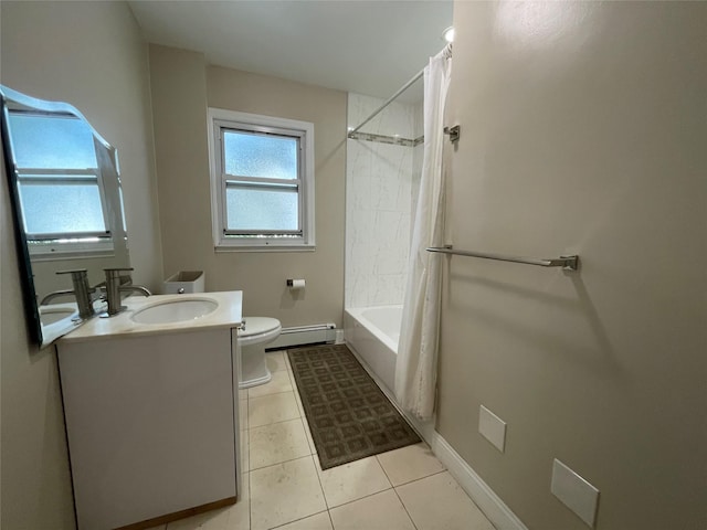 384 Hawthorne Ave, Yonkers, NY 10705 - full bathroom featuring a baseboard heating unit, vanity, tile patterned flooring, and shower / bathtub combination with curtain