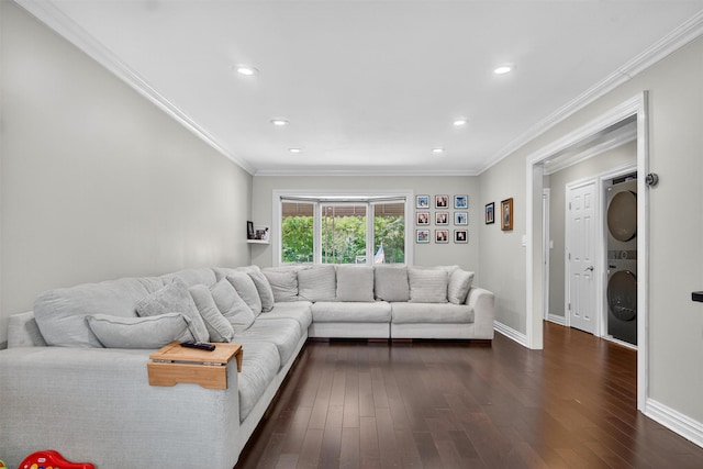 1004 Balcom Ave, Bronx, NY 10465 - living room featuring estacked washer and dryer, dark wood-style flooring, ornamental molding, and recessed lighting