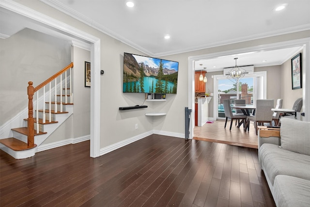 1004 Balcom Ave, Bronx, NY 10465 - living room with stairway, a chandelier, dark wood-style flooring, recessed lighting, and ornamental molding