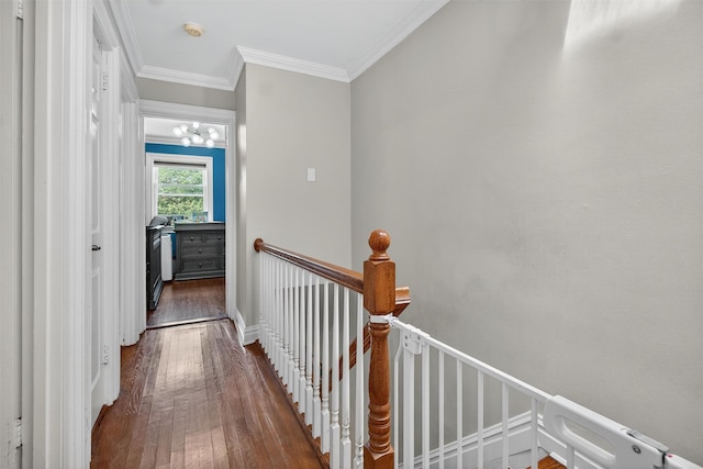1004 Balcom Ave, Bronx, NY 10465 - hallway with an upstairs landing, hardwood / wood-style floors, crown molding, and a chandelier