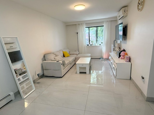 149-17 Sanford Ave, Flushing, NY 11355 - living area with an AC wall unit, a baseboard heating unit, and light tile patterned floors