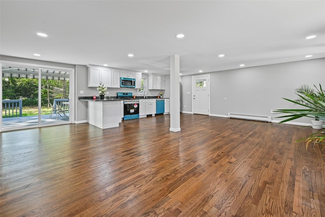 70 Robinson Ave, Brookhaven, NY 11763 - unfurnished living room with baseboard heating, recessed lighting, and dark wood-style floors
