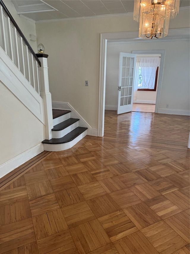 9030 202nd St, Hollis, NY 11423 - stairs featuring a chandelier and crown molding