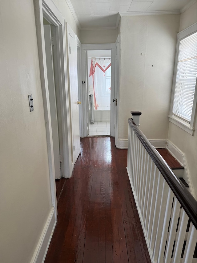 9030 202nd St, Hollis, NY 11423 - corridor with hardwood / wood-style floors, an upstairs landing, and crown molding