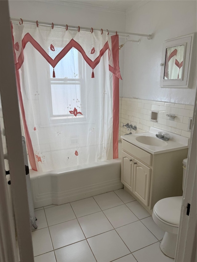 9030 202nd St, Hollis, NY 11423 - bathroom with shower / bath combo with shower curtain, vanity, tile patterned floors, tile walls, and ornamental molding