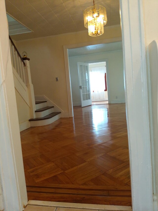 9030 202nd St, Hollis, NY 11423 - foyer with stairs and a chandelier