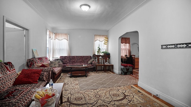 85-35 Parsons Blvd, Briarwood, NY 11435 - living room featuring arched walkways and light wood-style flooring