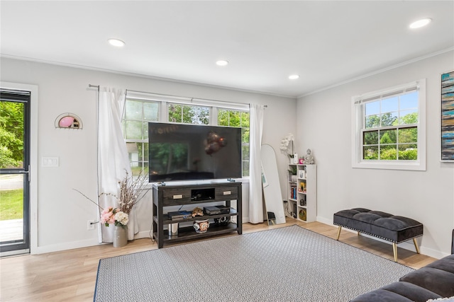 5 Coolidge Rd, Hampton Bays, NY 11946 - living room featuring healthy amount of natural light, light wood finished floors, ornamental molding, and recessed lighting