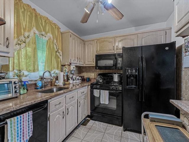 453 Christopher Ave, Brooklyn, NY 11212 - kitchen featuring black appliances, a ceiling fan, light stone counters, and tasteful backsplash