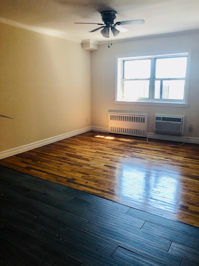 20 Secor Unit 5L, Yonkers, NY 10704 - unfurnished room with radiator heating unit, wood finished floors, an AC wall unit, a ceiling fan, and crown molding
