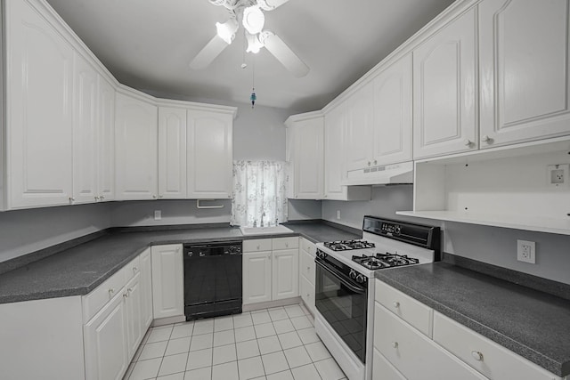 6851 Clyde St, Forest Hills, NY 11375 - kitchen featuring gas range gas stove, black dishwasher, under cabinet range hood, light tile patterned floors, and ceiling fan