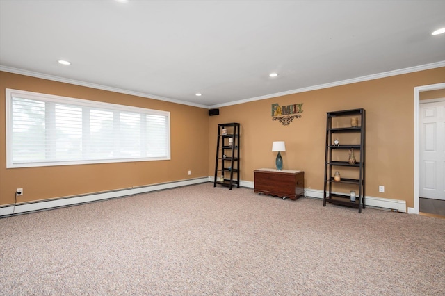 31-33 Dunlop Ct, Commack, NY 11725 - spare room featuring ornamental molding, a baseboard radiator, carpet flooring, and recessed lighting