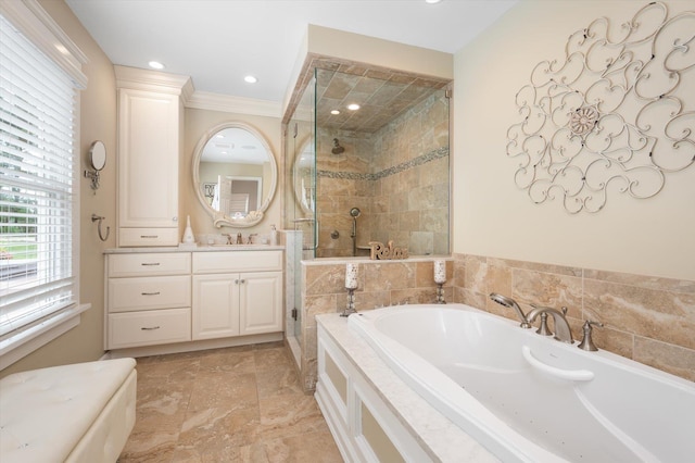 31-33 Dunlop Ct, Commack, NY 11725 - bathroom with a bath, tiled shower, vanity, and ornamental molding