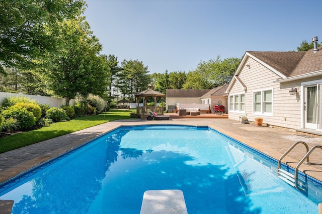 31-33 Dunlop Ct, Commack, NY 11725 - view of pool with an outdoor living space, a gazebo, a patio, and a diving board