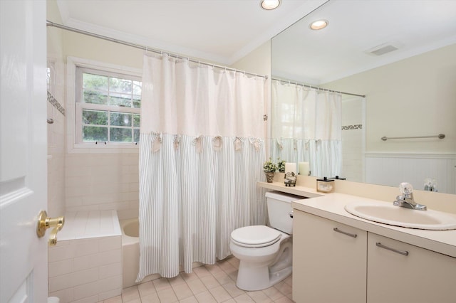 31-33 Dunlop Ct, Commack, NY 11725 - full bath with vanity, tile patterned flooring, shower / bathtub combination with curtain, ornamental molding, and recessed lighting