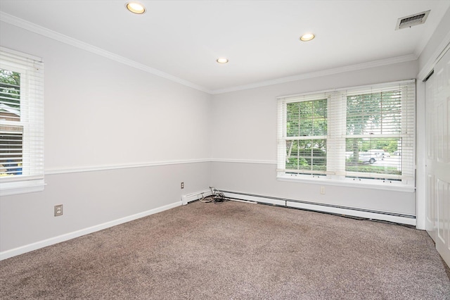 31-33 Dunlop Ct, Commack, NY 11725 - carpeted empty room featuring a baseboard heating unit, healthy amount of natural light, crown molding, and recessed lighting