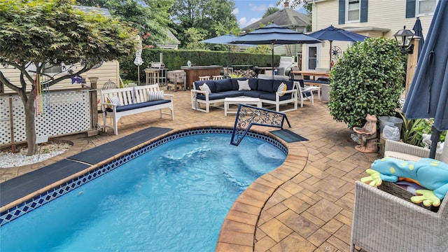 16 Clement St, Glen Cove, NY 11542 - view of pool with a hot tub, an outdoor hangout area, and a patio