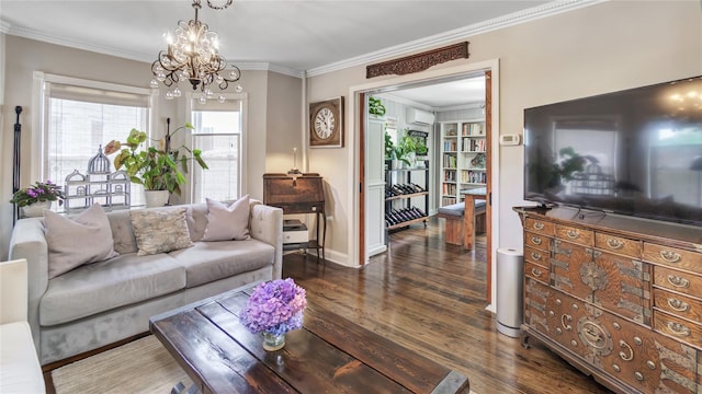 16 Clement St, Glen Cove, NY 11542 - living room with a wall mounted air conditioner, crown molding, wood finished floors, and a chandelier