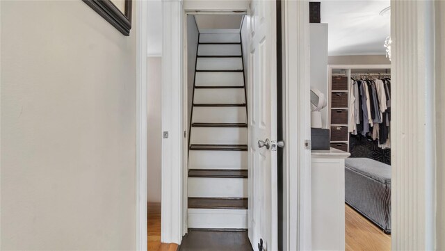 16 Clement St, Glen Cove, NY 11542 - stairs with wood finished floors and crown molding