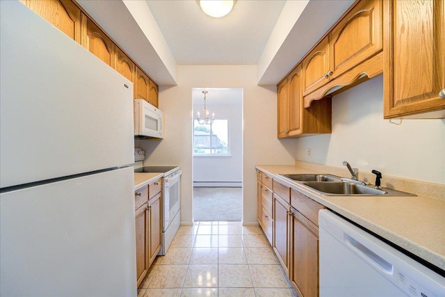 1109 Cherry Hill Dr Unit 1109, Poughkeepsie, NY 12603 - kitchen with white appliances, a chandelier, light countertops, and a baseboard radiator
